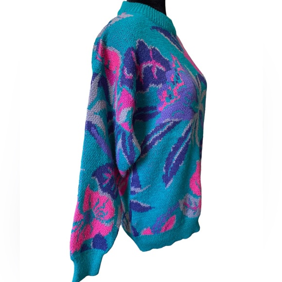 Le Moda Vintage 90s Bright Teal Pink Tropical Coastal Boho Floral Leafy Sweater - Picture 3 of 6